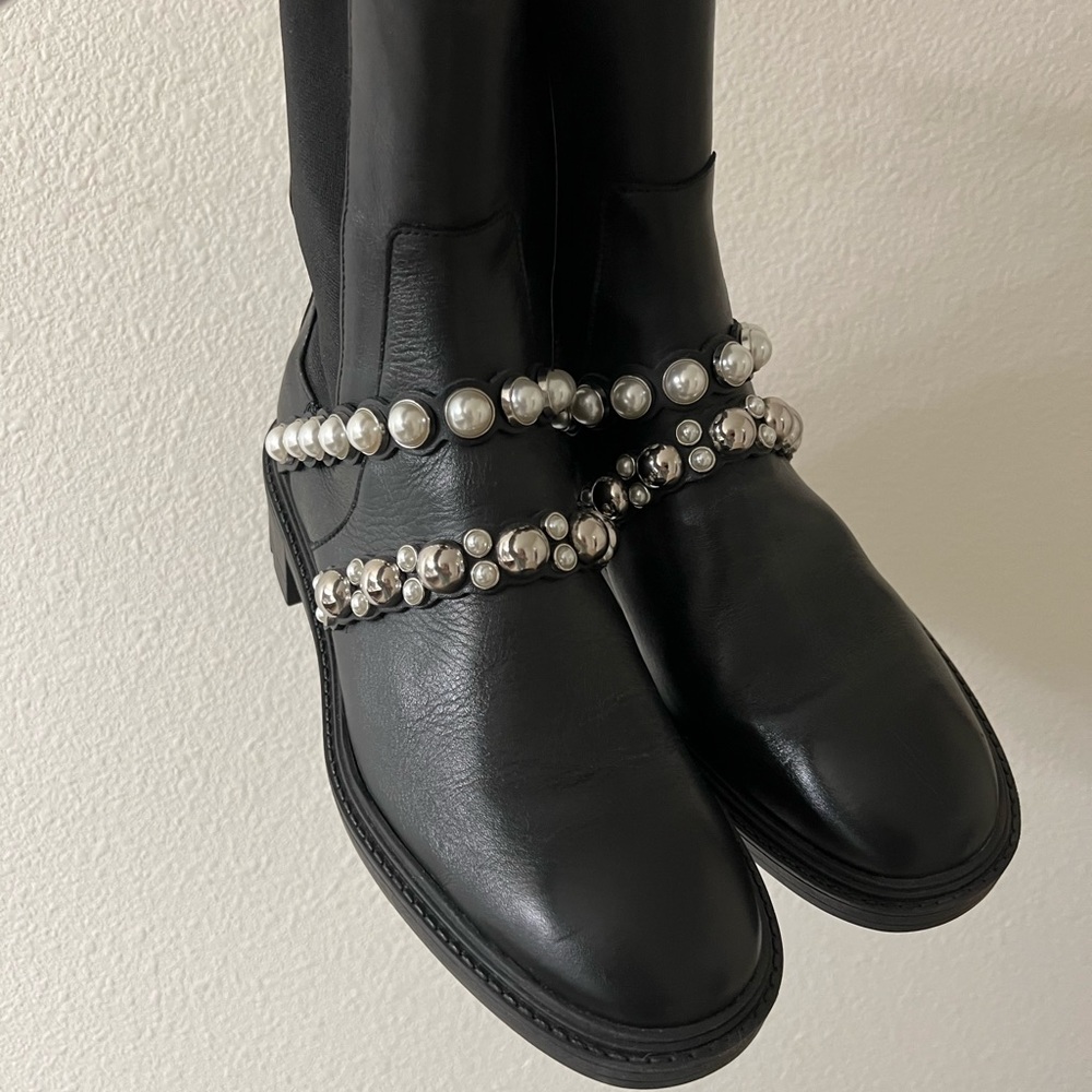 New Zara Black Leather Pearl Strap Low Heeles Ankle Boots Size 8,5
